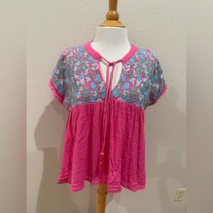 J. Marie Embroidered Top SZ M  Pink Floral Boho Feminine Mexican Cottage-core